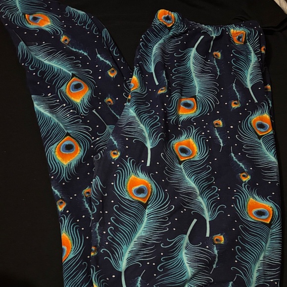 The Unbranded Brand Pants - Peacock Feather Print Leggings - Blue and Orange